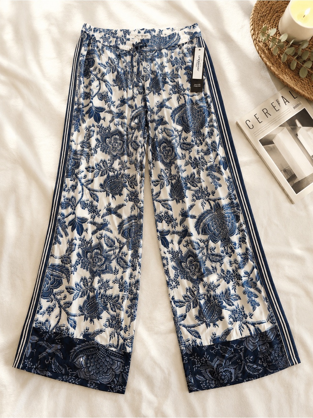 Liverpool Blue and White Floral Wide-Leg Pants